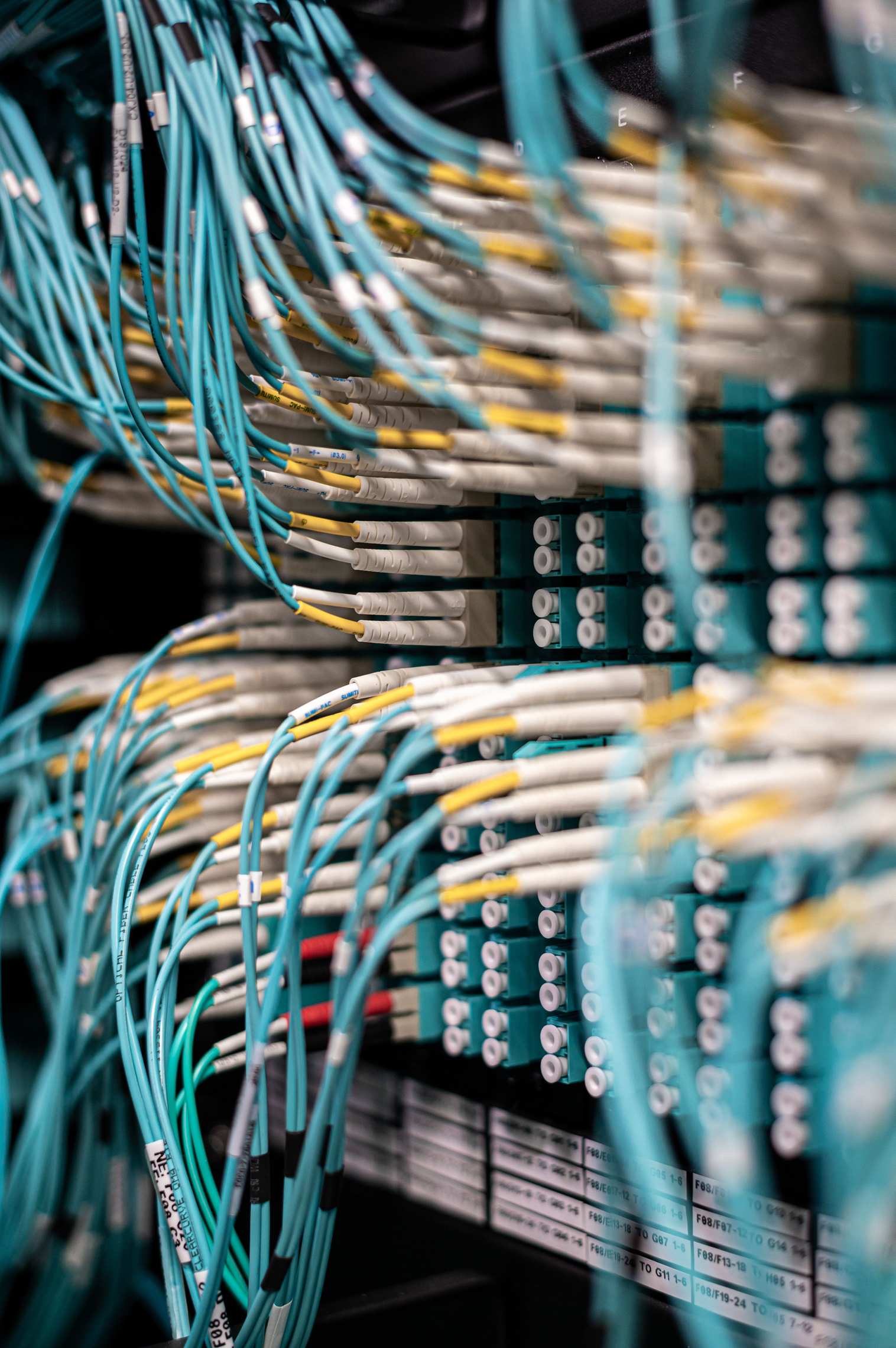 Server racks with network cabling in a data hall with blue patch panel cables